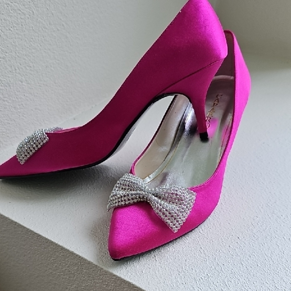 Caparros Fuchsia Satin Heels with Rhinestone Bow - Picture 3 of 9